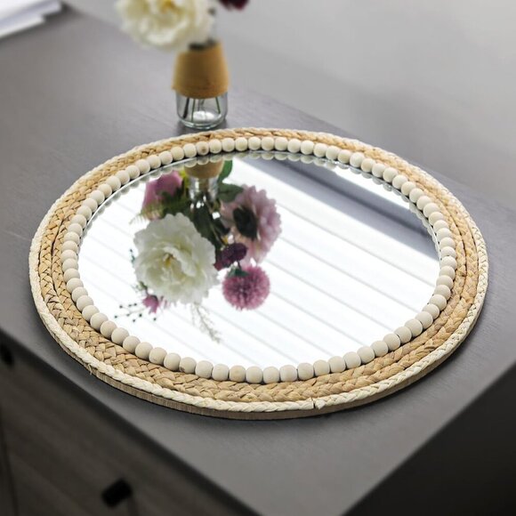 18 Inch Boho Round Hanging Wall Mirror Decorative Rattan Circle Mirrors for Farm - Picture 4 of 7